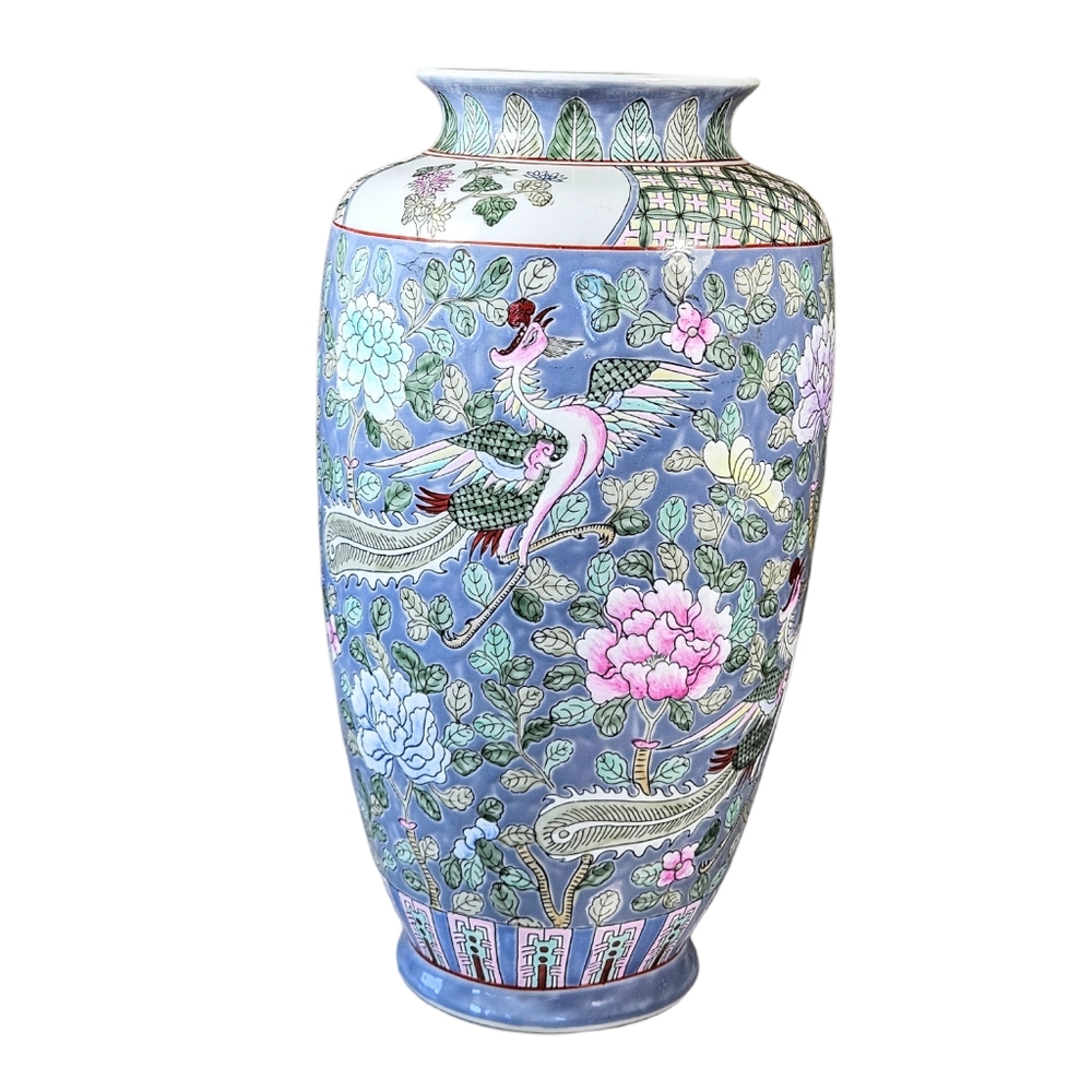 Vintage Rose Medallion Enamelware Vase Hong Kong Chinoiserie Large 14.5 in
